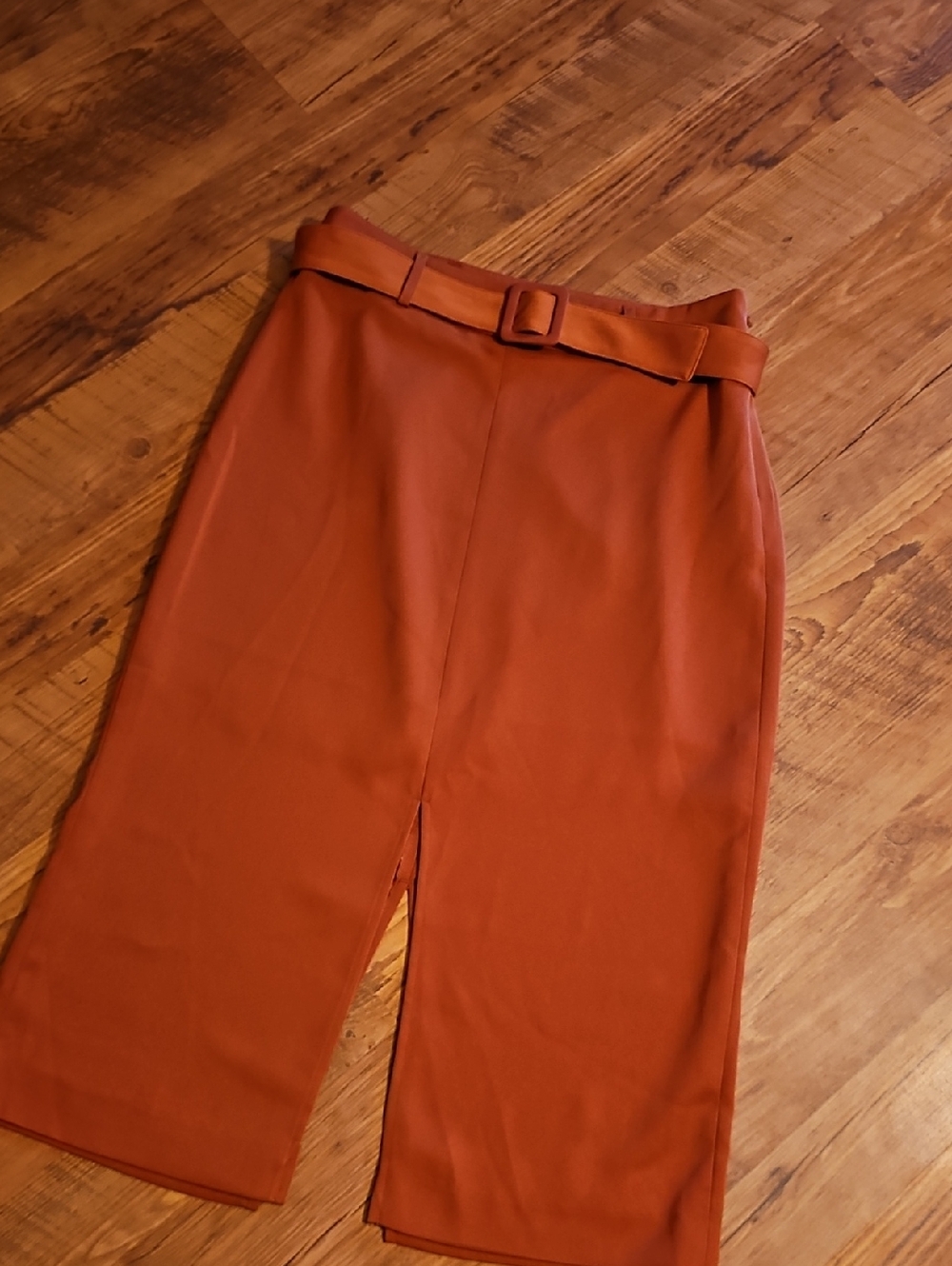 Express High-Waist Belted Midi Skirt in Rust.